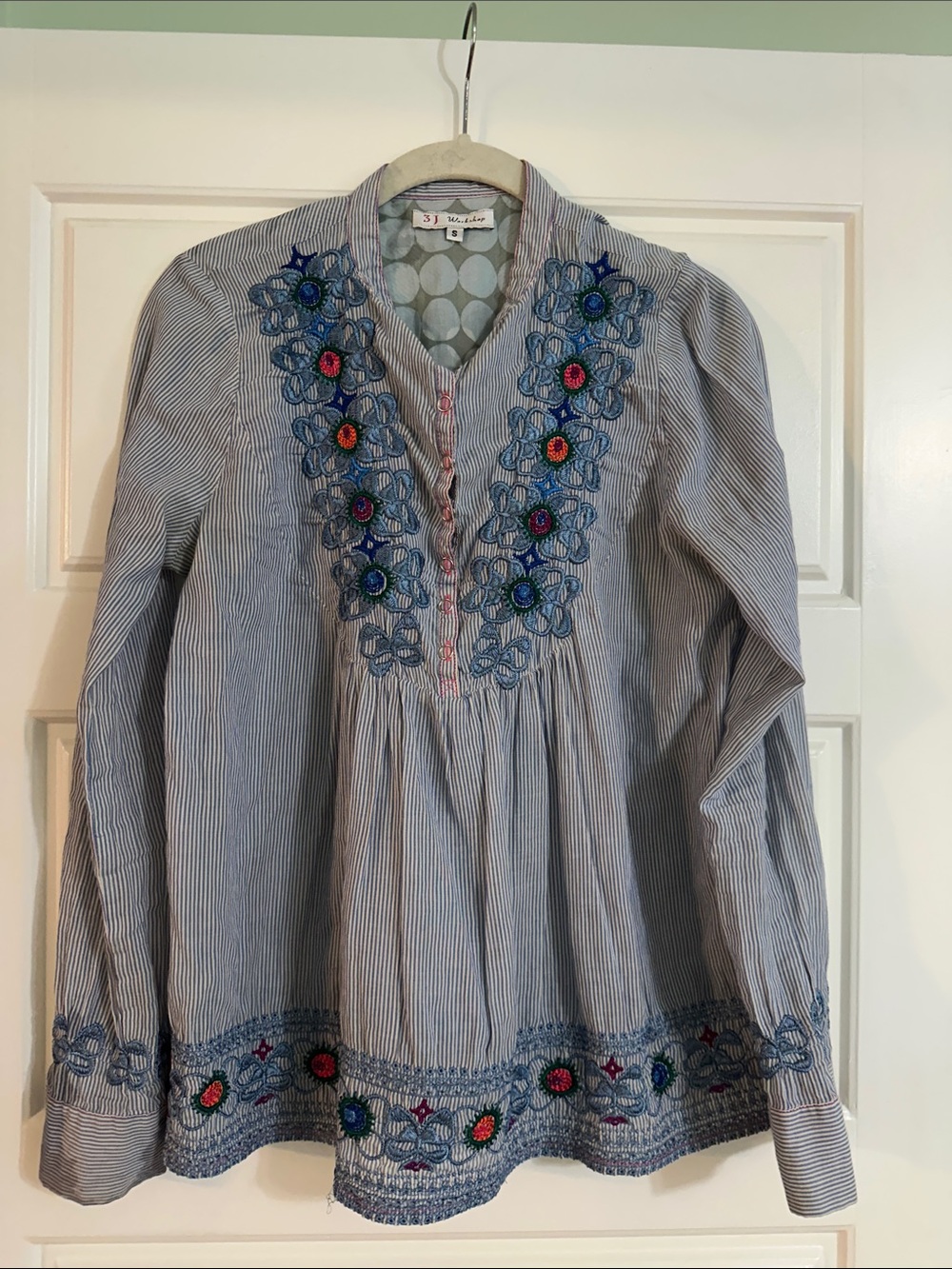 Johnny Was Blue and White Striped Embroidered Peasant Top